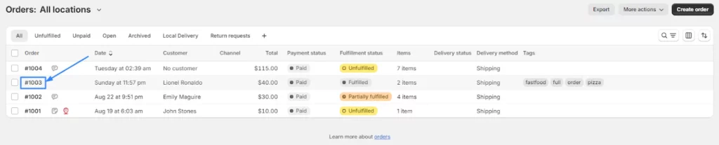 Find and click on the order you want to print.